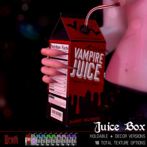 “Wraith Vampire Juice Box — red ‘All Natural Vampire Juice’ carton with dripping blood graphics, bats, and a straw, held by a hand with long nails; spooky novelty holdable and décor item with 10 texture options.