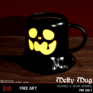 Wraith Melty Mug — black glossy mug with glowing yellow melting‑skull face design, Halloween‑themed holdable and décor item rendered with PBR textures on a dark red backdrop