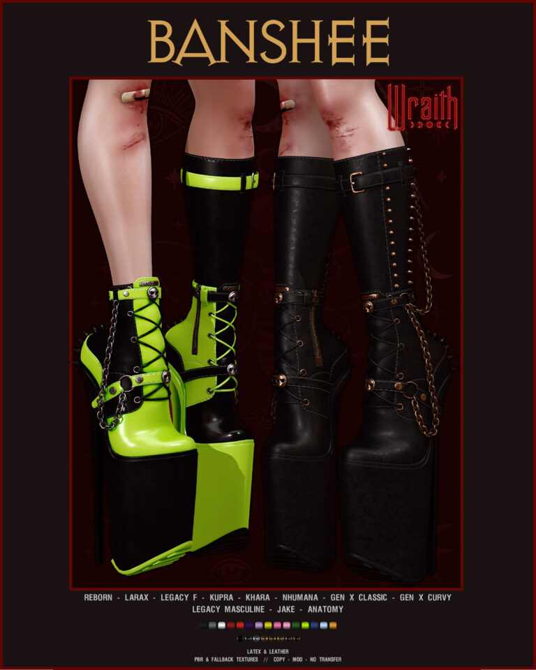 Banshee Boots by Wraith: High-platform gothic boots for Second Life featuring latex and leather textures. Displayed in neon green/black and solid black with skull studs, chains, and buckled straps. Compatible with Reborn, LaraX, Legacy (F/M), Kupra, Khara, Nhumana, Gen X, Jake, and Anatomy mesh bodies.